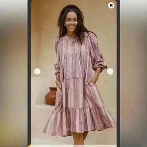 Novica Striped Embroidered Cotton A-Line Dress SZ Large